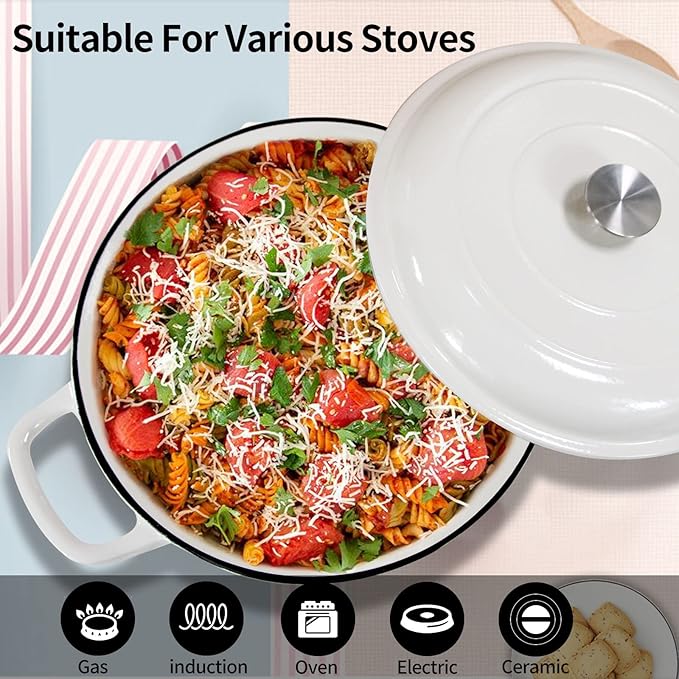 COOKWIN Enameled Cast Iron Braiser Pan, 3.8 Quart Shallow Dutch Oven with Lid, Heavy Duty Casserole Skillet with Dual Handles for Family or Friends Gifts, Oven-Safe to 500°F, White