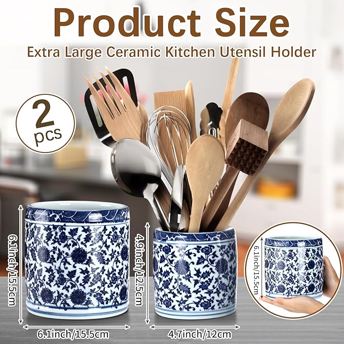 2 Pcs Blue and White Kitchen Utensil Holder 5"+6.1" Ceramic Kitchen Cooking Holder for Countertop Large Utensil Crock for Home Decor Parties Chinoiserie Blue