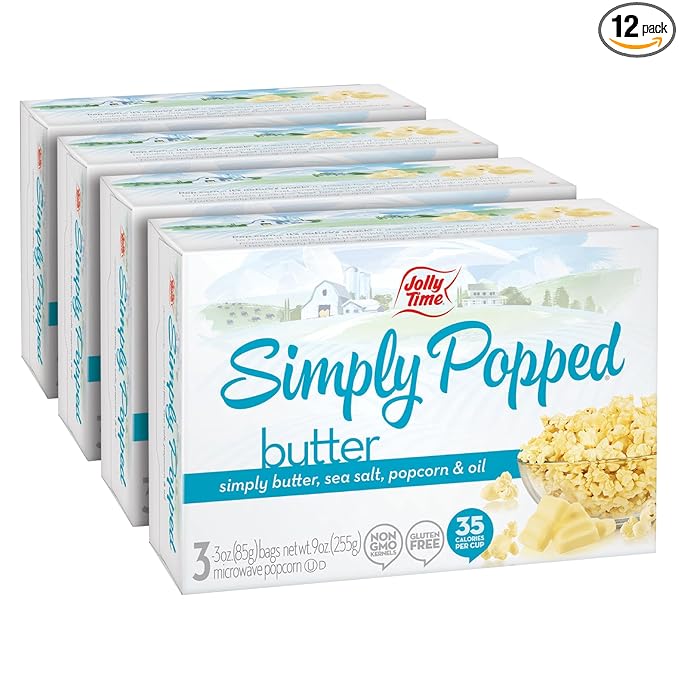 Jolly Time Simply Popped - Lightly Salted Microwave Popcorn, 3oz Sharing Bag, 3 Bags Per Carton (Simply Popped Butter, 3 Ounce (Pack of 12))