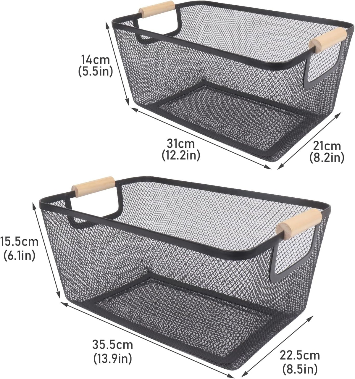 Potato and Onion Storage Bin, 2 Set Potato Bin Storage and Onion Container with Wooden Handle, Pantry Kitchen Organization and Storage, Metal Mesh Baskets for Fruit, Vegetable, Produce-Black