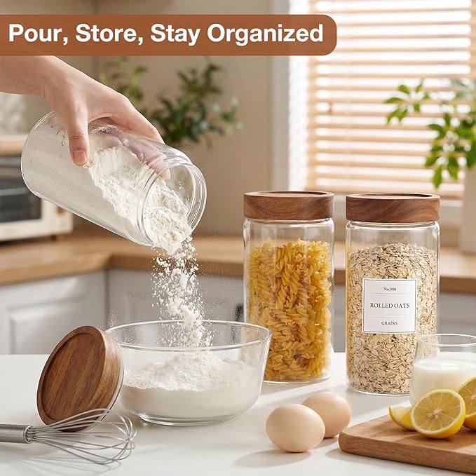 CONNOO 40oz Airtight Glass Storage Containers with Wood Lids (3-Pack) – Includes 120 Pre-Printed Waterproof White Kitchen Labels – Tall Pantry Canisters for Flour, Pasta & Cereal