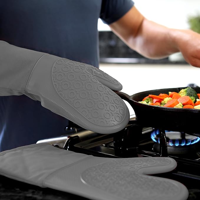 BPA-Free Soft Silicone Oven Mitts - Ultra Heat Resistant Oven Mitts with Thick Cotton Liner - Long Slip Resistant Pot Holders, Flexible Oven Gloves - Gray 13.7"