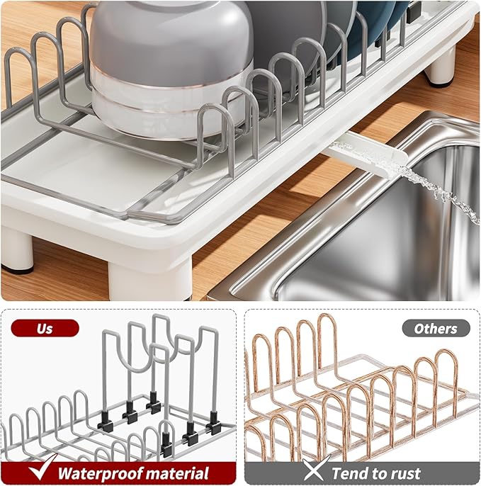 SanDream Small Dish Drying Rack with Removable Utensil Holder & Anti-Scratch Base - Stainless Steel Dish Rack, Dish Drying Rack with Drainage & Space Saving Design for Kitchen Counter, White