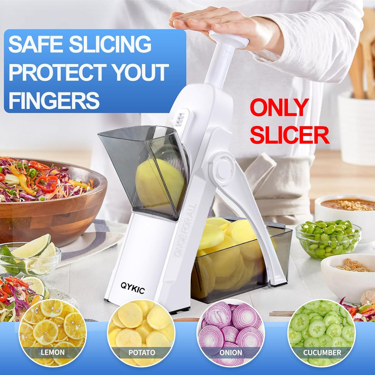 Safe Mandoline Slicer, Potato Clips Slicer, Vegetable Food Slicer, Thickness Adjustable for Cucumber Onion Carrot Lemon (Only Slicer White)