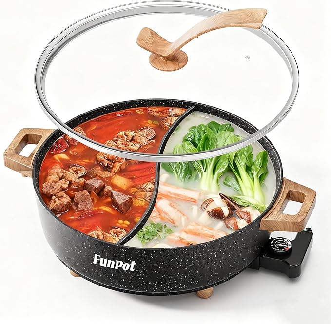Electric Twin Compartment Hot Pot with Divider, Diamond grid embossed base, 1350W Temperature control, Large 6-Litre Capacity, Compact Woodgrain handles with Hollow Design