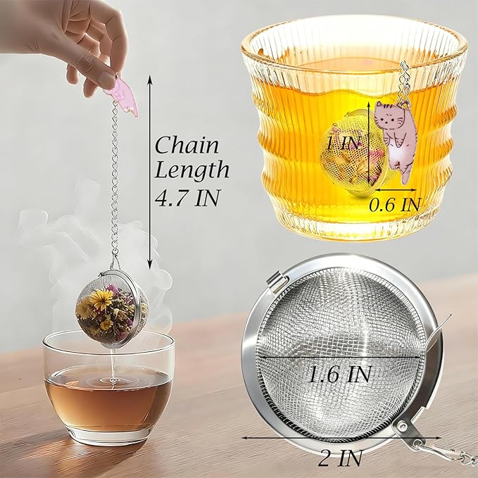 Cat Tea Infuser Set 2PCS, Loose Leaf Tea Strainers with Cute Alloy Charm, Stainless Steel Mesh Steeper for Flower Fruits Spices Herbal Tea and Cold Brew