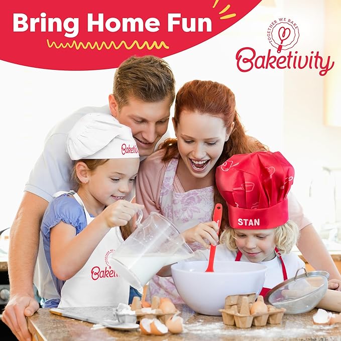 Baketivity Kids Chef Hat and Apron Set for Boys & Girls - One Size Fits All (Adjustable) - Premium, Washable Apron and Hat Set for Cooking - Young Chefs & Junior Bakers Chef Outfit for Kids