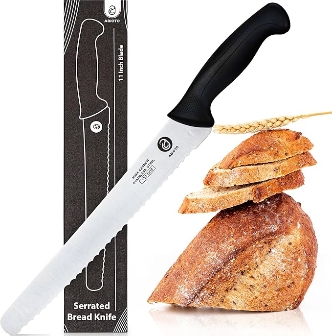 ABIOTO Serrated Bread Knife and Foldable Bread Slicer for Homemade Bread - An Ultimate Bread Slicing Set - No Splinters with HDPE Base and Maple Fingers