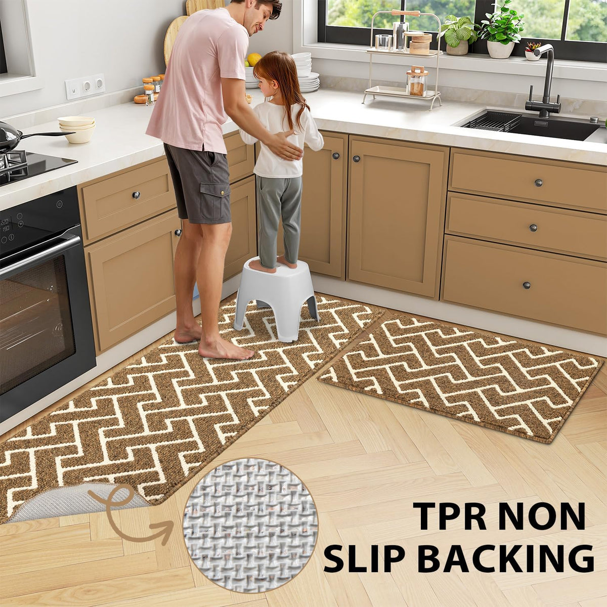 hicorfe Kitchen Rugs and Mats Sets,Non-Slip 2 Pieces Absorbent 100% Polypropylene Rug,Comfort Kitchen Runner Mat,Washable for Kitchen,Sink,Laundry(20" x 31.5" Plus 20" x 48",Brown)