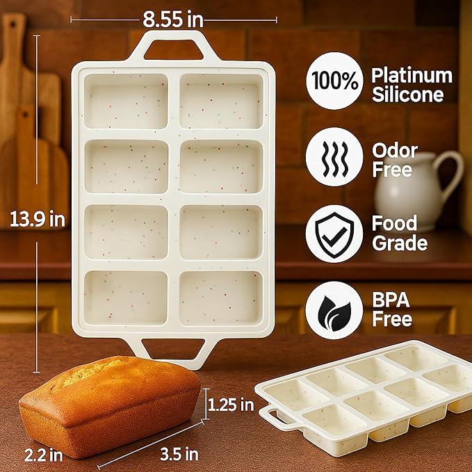 2-Pack Silicone Mini Loaf Pans for Baking Bread – 8-Cavity Nonstick Baking Molds with Metal-Reinforced Handles – BPA-Free, Odor-Resistant Silicone mini bread loaf pans for Cakes & Meatloaf – Cream