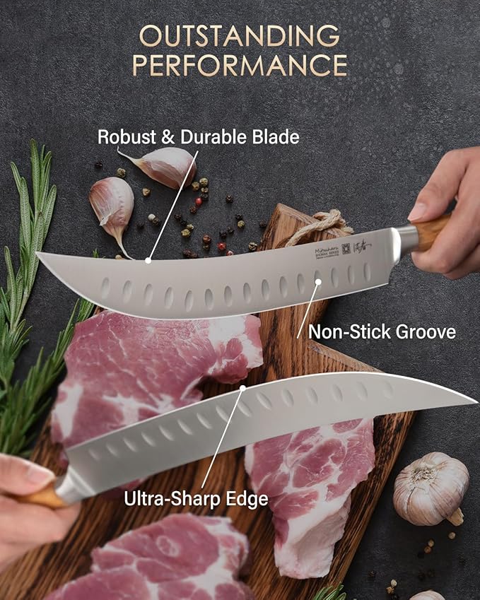 Mitsuharu 10" Butcher Knife, SHOMAN Series Curved Cimitar Breaking Knives, with Ergonomic Olive Wood Handle, German Steel Carving, Sharp Meat Slicing for Roast Ham with Case (Butcher Knife)