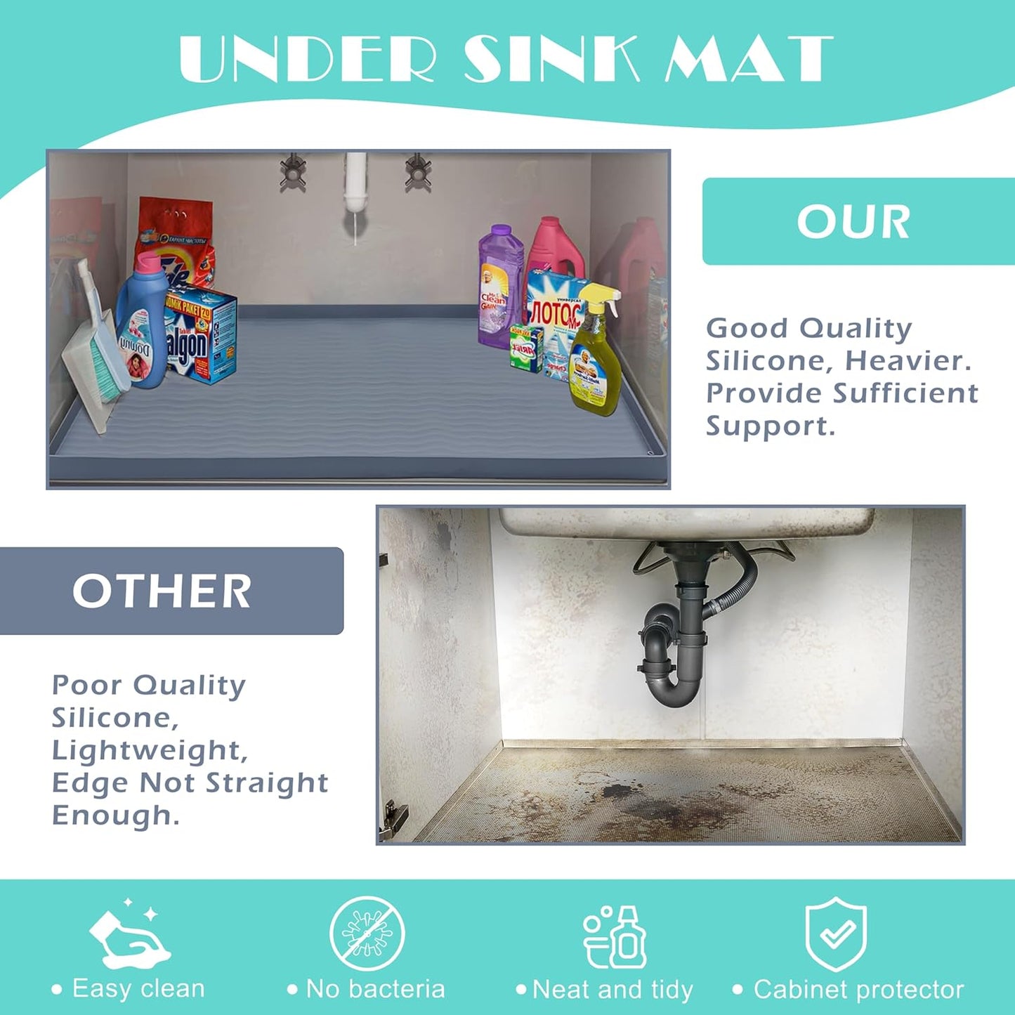 URMONA Waterproof Silicone Under Sink Mat 34'' x 19'' Shelf Liner for Kitchen and Bathroom, Cabinet and Counter Protector, Storage and Organizers, Litter Mat, Pet Cat Puppy Essentials(Beige)