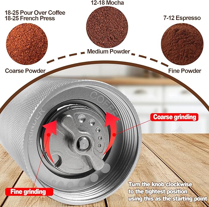 Manual Coffee Grinder Gift Box Non-Detachable Stainless Steel Conical Burr Aluminum Coffee Bean Grinder with 25 Grinding Settings Cleaning Brush Grindable Espresso Moka Pot for Camping Silver