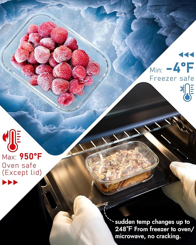 12-Pack Glass Containers with Tempered Lids – Borosilicate, Oven-Safe(-4°F~950°F), Airtight, BPA-Free, Multi-Size for Meal Prep, Dishwasher Safe (Gray)