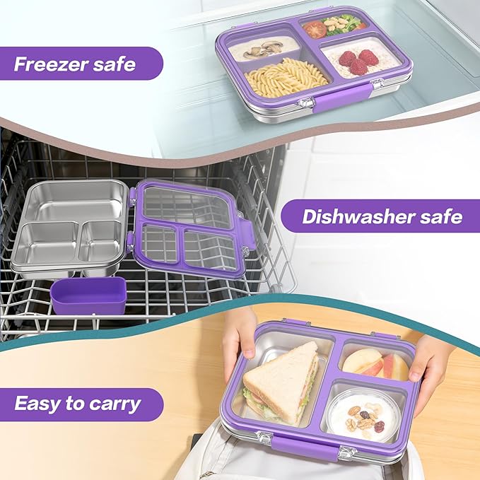 Stainless Steel Bento Box for Kids, 3-Compartment Metal Lunch Box with Clear Lid & Removable Silicone, Lunch Box Kids with Silicone Inner Container for Meal Prep, School, Office (Purple)