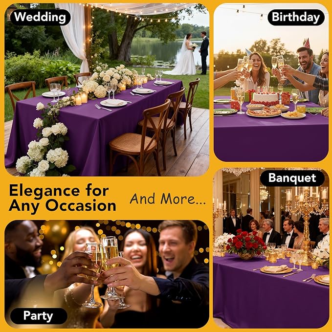 6-Pack Purple Tablecloths for Rectangle Tables, 90 x 132 Inches, Stain-Resistant Polyester Fabric for 8 Foot Tables - Washable Table Covers for Weddings, Banquets, Birthday Parties, Events