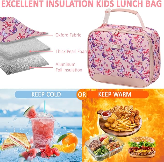 Lunch Box Kids Insulated Lunch Bag for Boys Girls Cute Reusable Lunch Tote Bag Waterproof Portable Thermal Lunch Box Kids for School Picnic Travel Pink Butterfly