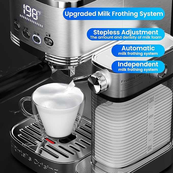 Espresso Machine 20 Bar Temperature Time LED Display Espresso Maker with Stepless Adjustable Automatic Milk Frother for Cappuccino Latte Americano Stainless Steel Coffee Machine with ESE Pod Filter