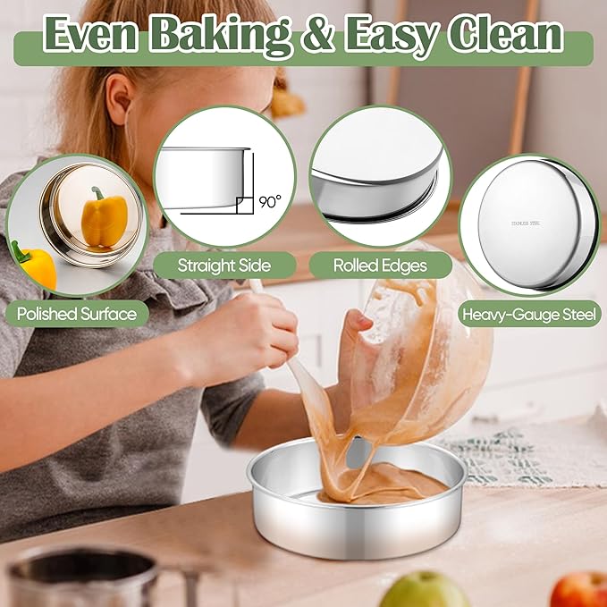 E-far 7 Inch Cake Pan Set of 2, Stainless Steel Round Baking Pans Tins Mold - Non-Toxic & Leak-Proof for Birthday Wedding Layer Tiered Cake, Easy Clean & Dishwasher Safe