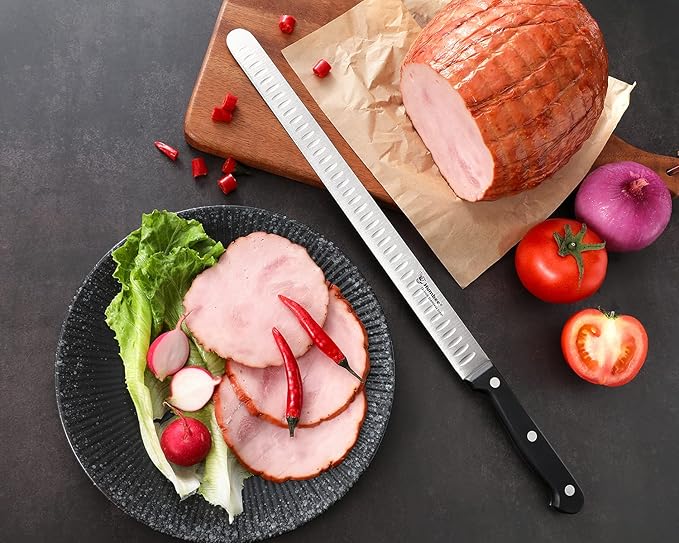 12 Inch Carving Knife with Razor Sharp Granton Edge for Brisket BBQ Meat and Turkey Cutting – Stainless Steel Blade with Ergonomic POM Handle – Long Slicing Knife for Kitchen and Grill