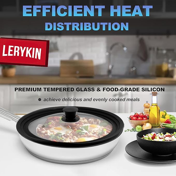 Lerykin Tempered Glass Lid - Universal Lid with Heat Resistant Silicone Rim for Pots, Pans and Skillets - Pan Cover Replacement Lid Fits 10", 11" and 12" Diameter Cookware