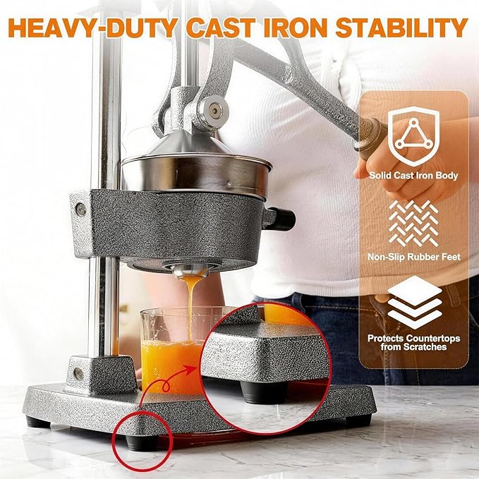 Cast Iron Citrus Juicer - 13.8LB Heavy Duty Manual Orange Press, 304 Stainless Steel Cup & Strainer, Professional Lemon Grapefruit Pomegranate Squeezer for Home Bar Kitchen, Grey