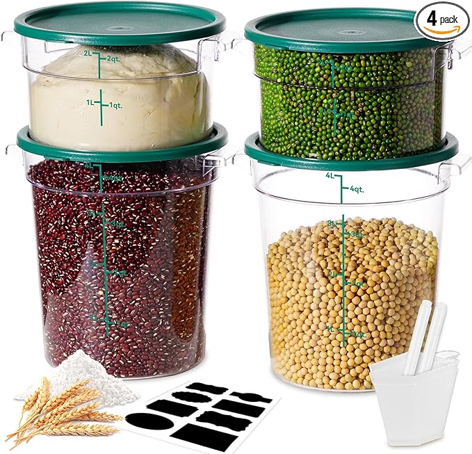 2QT&4QT NSF Round Food Storage Containers with Lids: 4 PCS [Total Food Grade][Hot&Cold Resistant] Dough Proofing Container for Pizza, Bread with Measuring Spoons Included(BPA FREE) (GREEN)