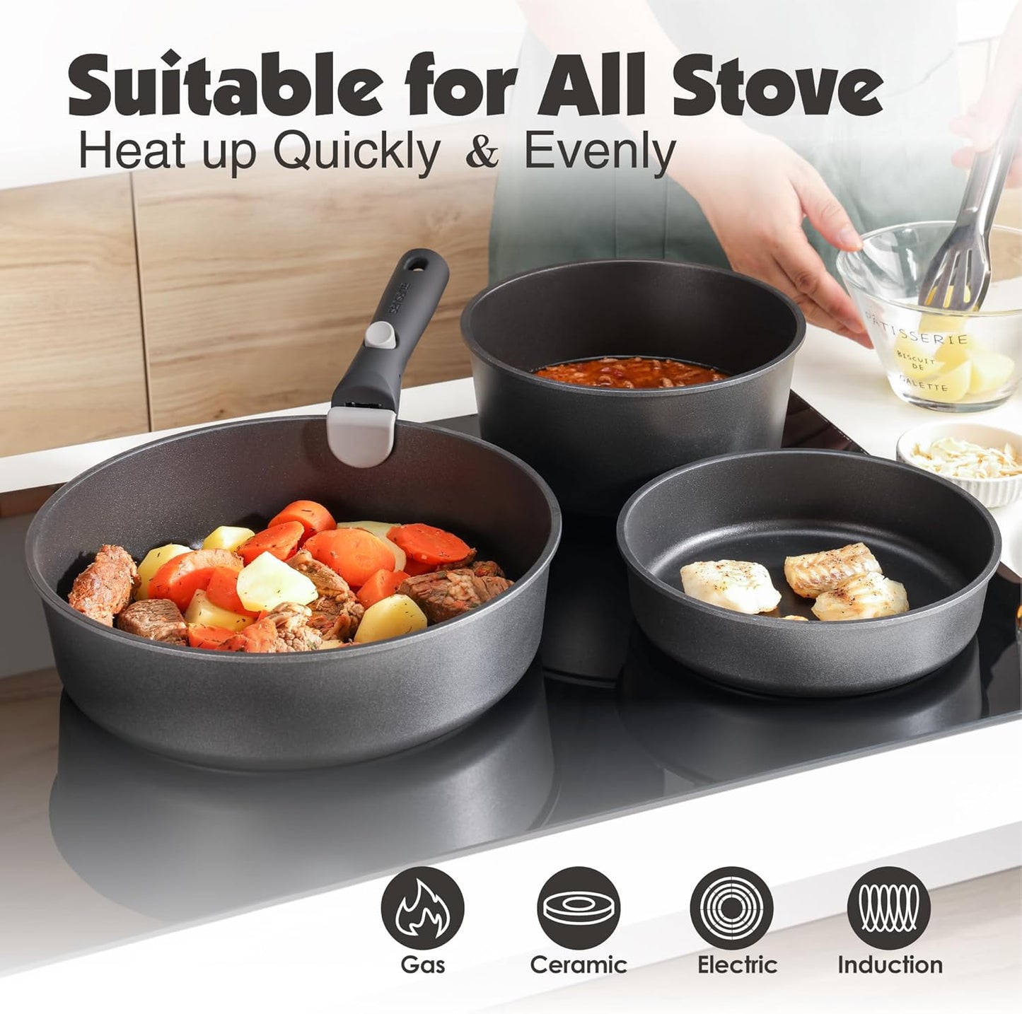 SENSARTE 17 Piece Pots and Pans Set, Nonstick Detachable Handle Cookware Set, Induction Kitchen Cookware Set with Removable Handle, Healthy Non Stick for RV, Dishwasher ＆ Oven Safe, PFOA Free (Black)