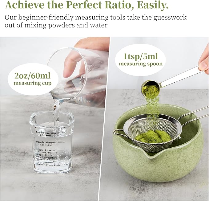 YIBO Matcha Whisk Set With Bowl, Ceramic Matcha Making Kit Includes Bamboo Whisk (Chasen), Holder Stand, Powder Starter Sifter, Scoop, Measuring Spoon & Cup Tea Tools For Ceremony (Mottled Green)