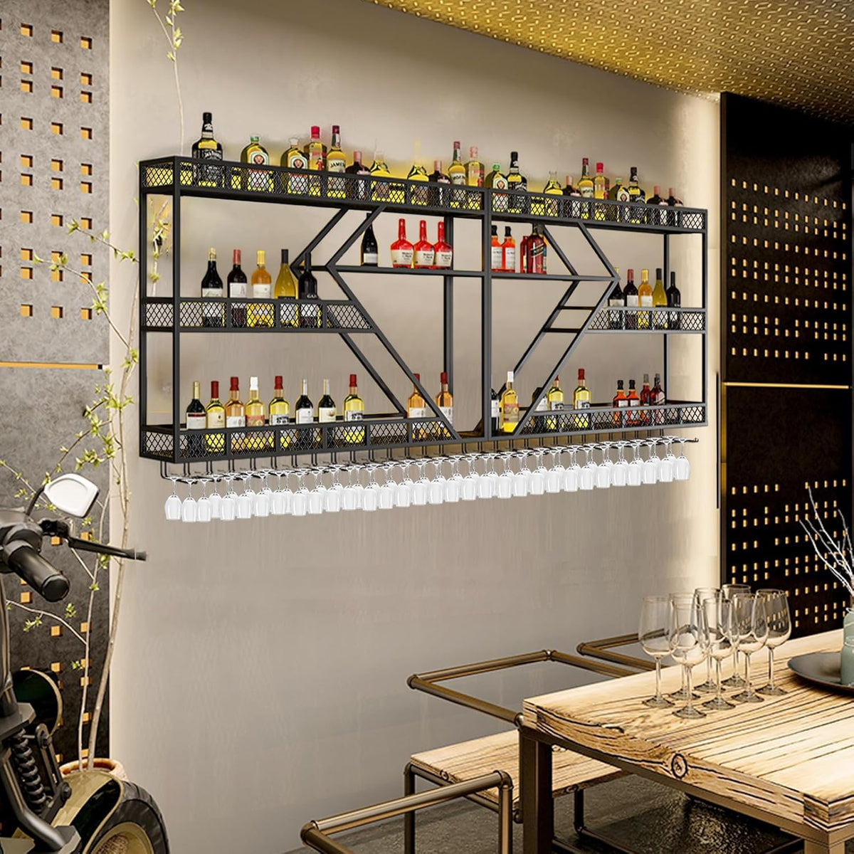 63in Metal Wine Rack Wall Mounted, Modern Wine Storage Rack Wall Mounted with Wine Glass Holder, Liquor Shelf, Bar Shelves for Liquor Bottles (3TIERS Gold, 63 * 7.87 * 33.85INCH)