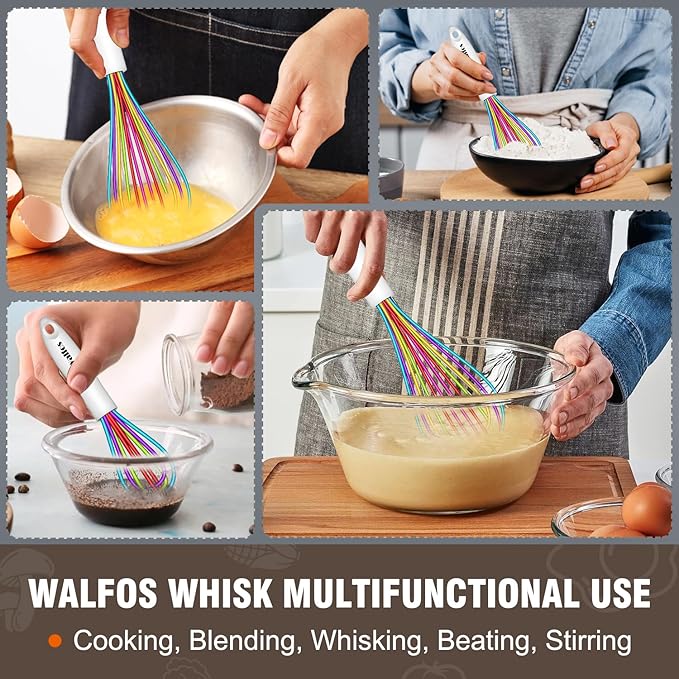 Walfos Whisk,5+7+9+11in Silicone Whisks for Cooking,Rainbow Wisk for Non-Stick Cookware,Balloon Egg Whisks Perfect for Blending,Baking,Beating,Minxing.BPA Safe and Dishwasher safe.Colorful 4pcs.
