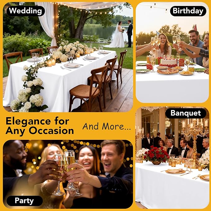 10-Pack White Tablecloths for Rectangle Tables, 60 x 120 Inches, Stain-Resistant Polyester Fabric for 6 Foot Tables - Washable Table Covers for Weddings, Banquets, Birthday, Parties, Events