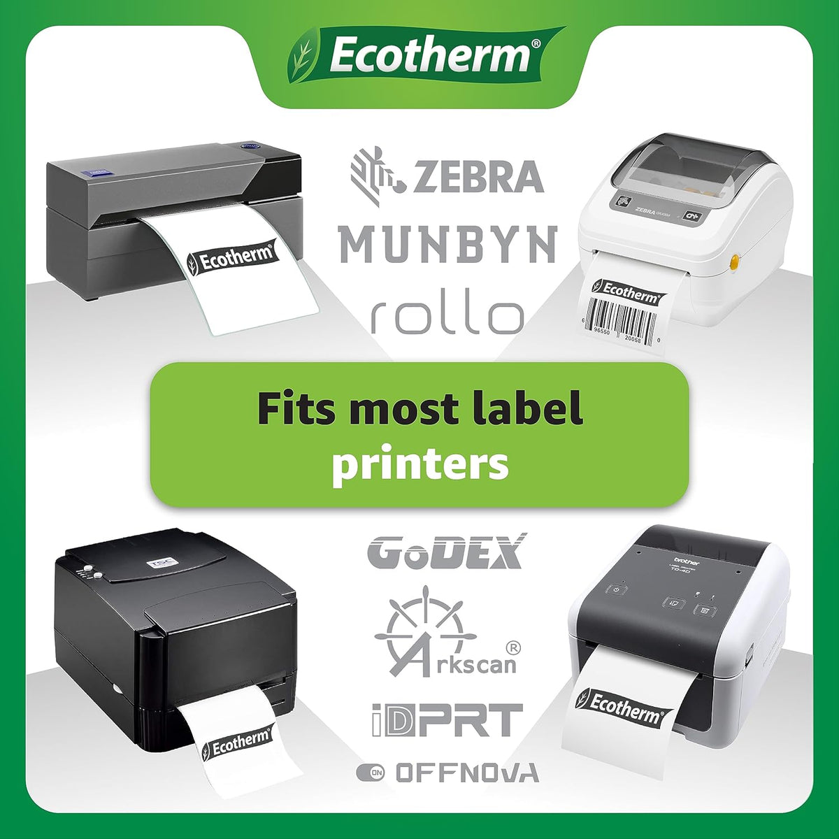 2.25" x 3" Thermal Labels | 4 Rolls | 2100 Labels | fits Zebra, Munbyn, Rollo, Godex, Arkscan, iDPRT, Offnova Thermal Label Printers and More | Blank White Adhesive Stickers by Ecotherm