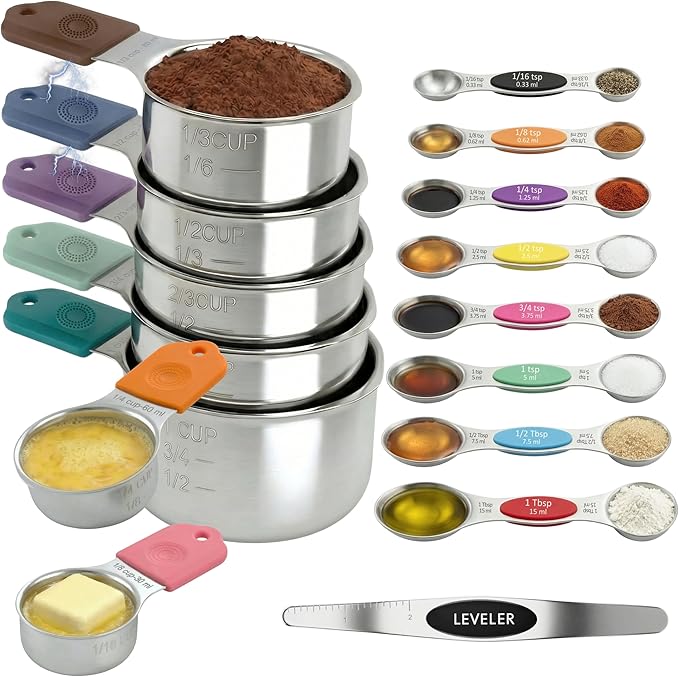 Measuring Cups and Spoons Set 16-Piece – Multicolor Kitchen Measuring Set with Easy-Read Markings, Durable Cups & Spoons for Baking and Cooking