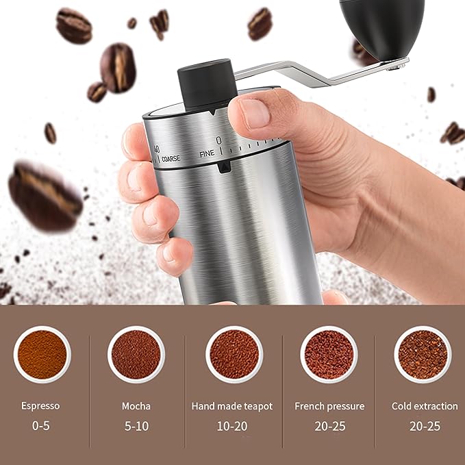 Portable Coffee Grinder Conical Burr for Espresso French Press Pour Over Double Bearing Internal Adjustment Capacity 25g (Silver-Ceramic Burr)