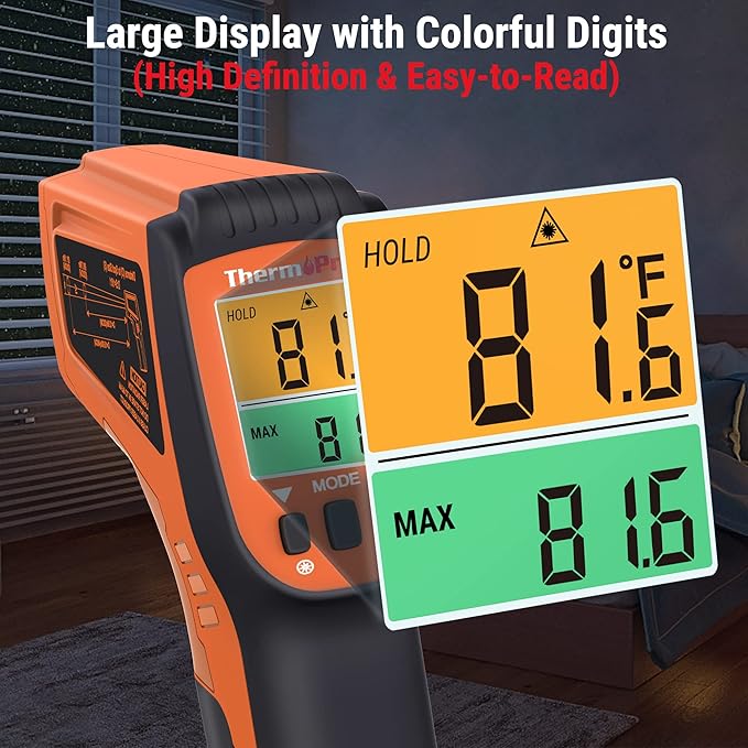 ThermoPro TP450 Dual Laser Temperature Gun for Cooking, Digital Infrared Thermometer for Pizza Oven Grill, Laser Thermometer Gun with Adjustable Emissivity Temp Gun -58℉to 1022℉(Not for Human)