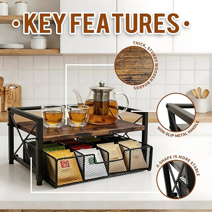 Tea Bag Organizer With Adjustable Drawer, Teabag Bar Holder Organizer For Counter, Wood ＆ Metal Station Storage Chest Display, Coffee Packet Containers Box For Countertop Kitchen Office Rustic Brown