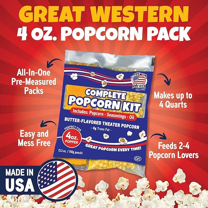 Premium America Popcorn Kit, 24 Packs for a 4oz Popper, Movie Theater & Popcorn Machine Kernels, Oil & Seasoning Packet, Bulk All in One