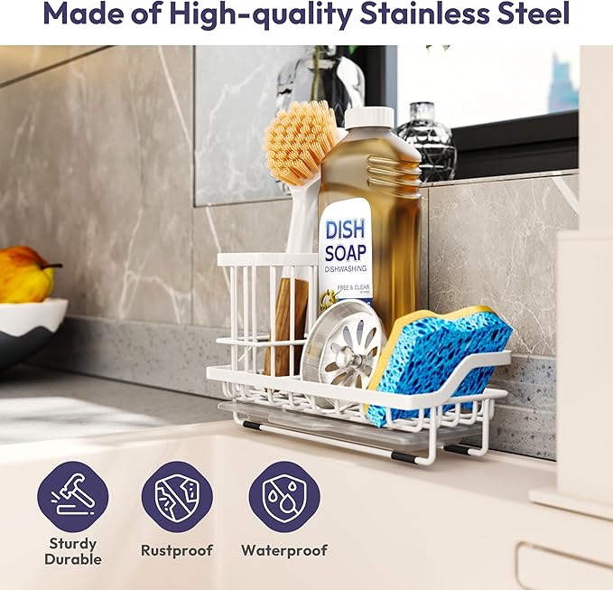 SWTYMIKI Sink Caddy Sponge Holder - Kitchen Sink Organizer with High Brush Holder for Countertop to Hold Dish Soaps and Sponges, Stainless Steel, White