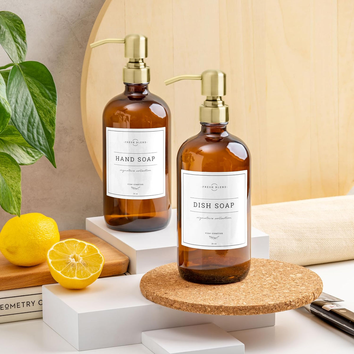 Vine Creations Amber Glass Soap Dispenser, 2 Pack Kitchen Soap Dispenser Set with Stainless Steel Pump, 16 oz Hand Soap and Dish Soap Dispensers for Kitchen or Bathroom with Waterproof Labels