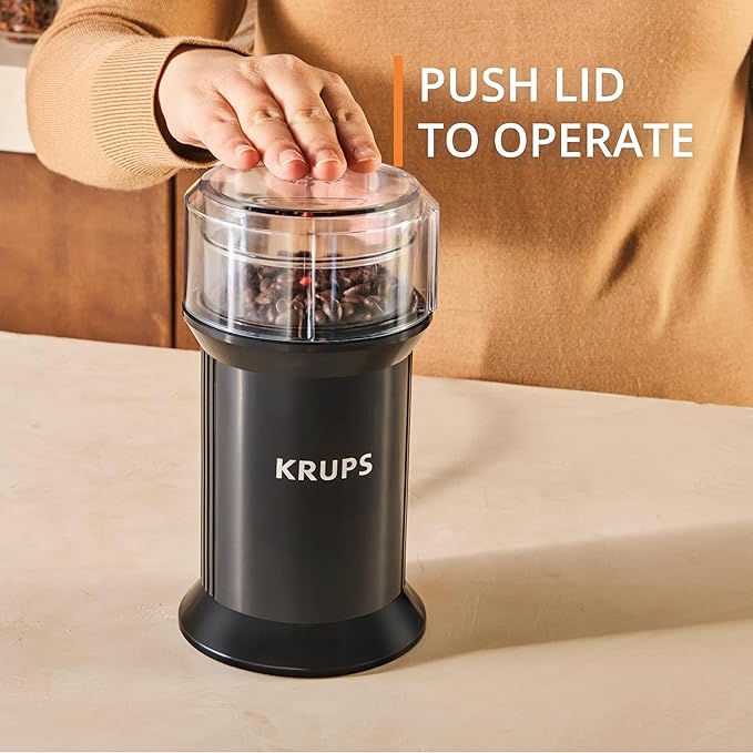 KRUPS Electric Blade Coffee Grinder 1.6 Oz, Adjustable Coarse to Fine for the Perfect Espresso, Grind Coffee Beans, Spices & Herbs, Removable Dishwasher Safe Bowl, Black