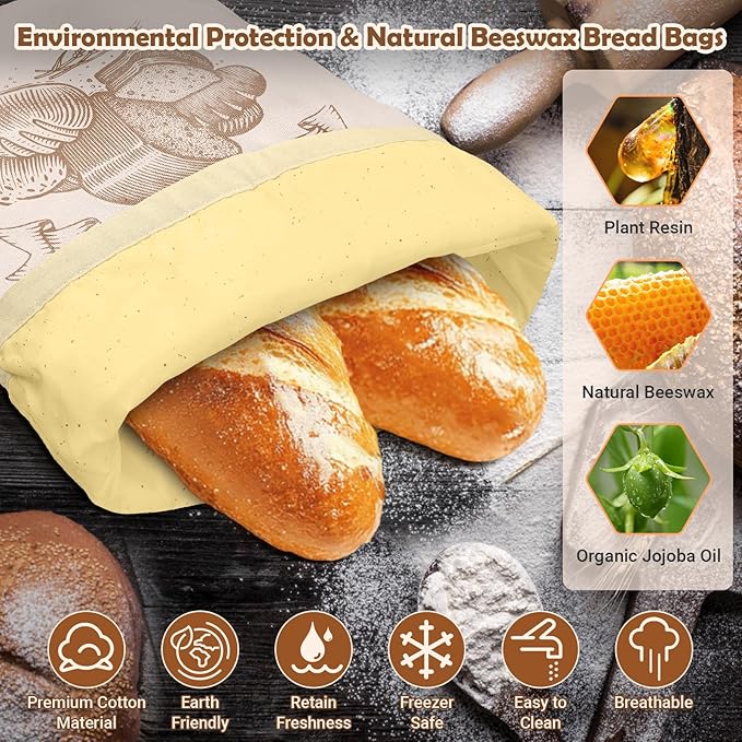 Cotton Beeswax Bread Bag(1Pack) Reusable Double-Lock Freezer Safe for Homemade Sourdough Bread Food Storage Gifts for Sourdough Bakers (Pattern 2)