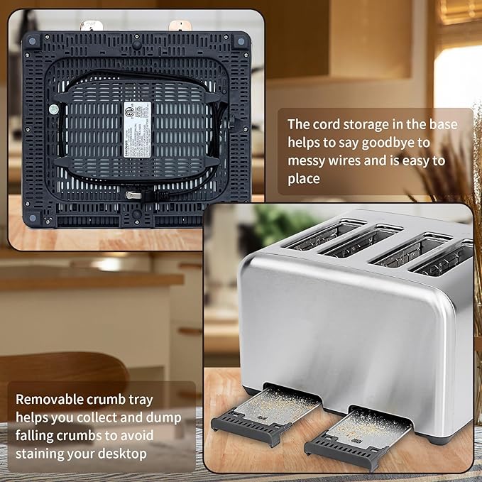 SEEDEEM Toaster 4 Slice, Stainless Toaster & Touch Control, LCD Display, 6 Bread Type, 7 Shade Settings, 1.5'' Wide Slots, Cancel/Defrost/Reheat, Removable Crumb Tray, 1800W, Silver Metallic
