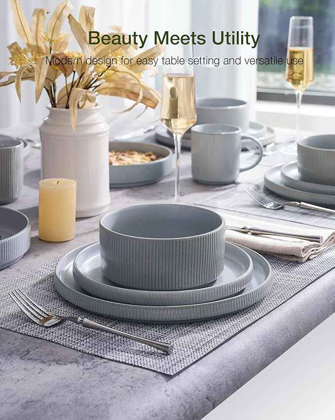 Famiware Star Dinnerware Set, Plates and Bowls Sets for 8 (24pcs), Ribbed Stoneware Dishes - Chip & Scratch Resistant, Microwave & Dishwasher Safe, Matte Gray