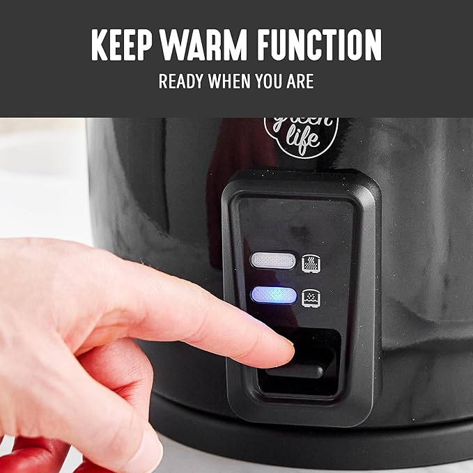 GreenLife Rice Cooker with Removable PFAS-Free Ceramic Nonstick Pot, 3-Cups Uncooked/6-Cups Cooked, Grains & Oatmeal Multicooker, Compact One-Switch Design, Auto Keep Warm, Easy Clean, Black