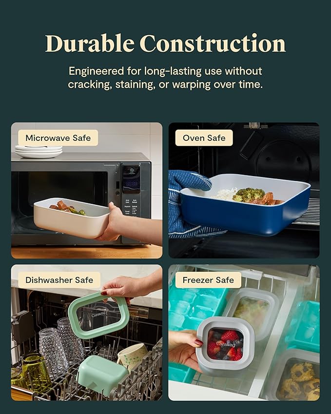 Caraway 6pc Glass Food Storage Set – 6.6 Cup Food Containers (6) - Ceramic Coated - Non Toxic, Non Stick with Lids - Microwave Safe - Perracotta