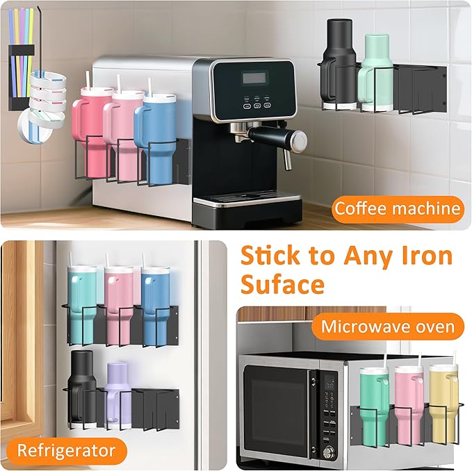 Magnetic Cup Holder for Fridge - Tumbler Organizer for Stanley 20/30/40 oz, Stanley Cup Holder with Lid & Straw Holders, Water Bottle Organizer Stanleys Cup Accessories Storage for Kitchen Fridge
