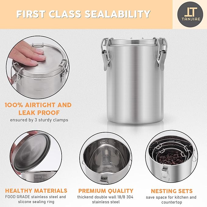 Tanjiae Compact Stainless Steel 100% Airtight Canisters Sets for Small Kitchens | Metal Food Storage Containers with Lids Sealed - Keep Flour, Sugar, Coffee, Tea Fresh for Months (18+35+56 fl oz)