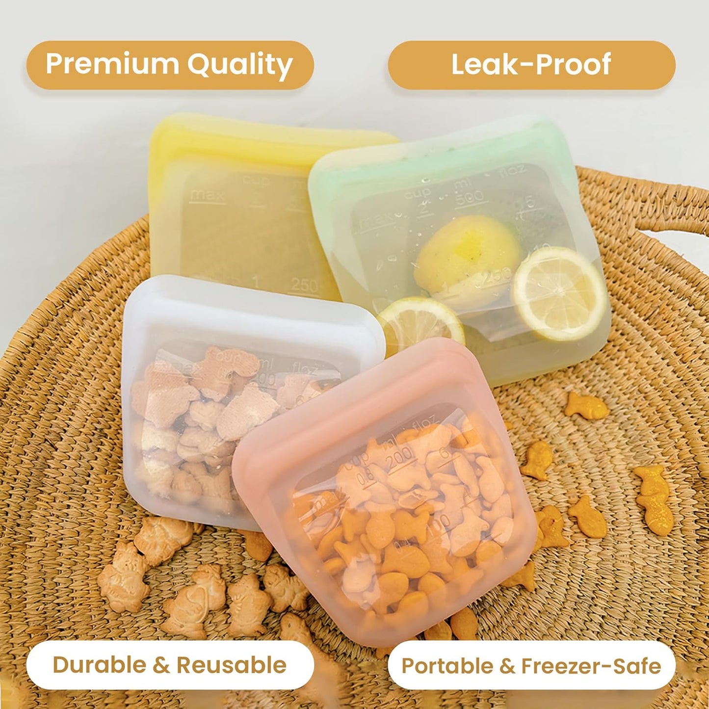 purifyou Set of 5 Reusable Silicone Storage Snack Bags 6oz / 16oz / 32oz / 64oz Self-Seal Food Storage Container for Fruits, Vegetables, Sandwiches, Dishwasher Safe & Leak-free (White, 6oz)