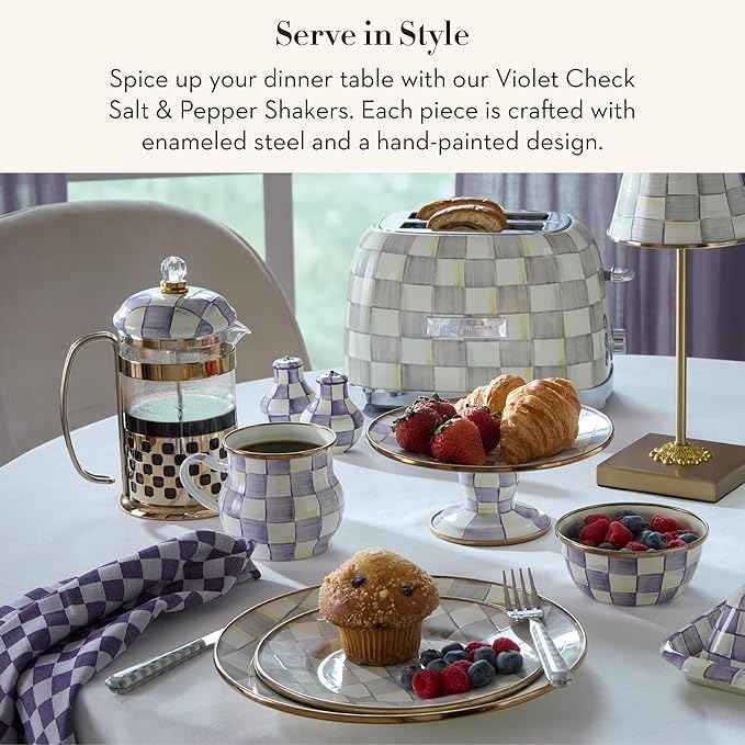 MACKENZIE-CHILDS Enamel Salt and Pepper Shakers, Kitchen Table Accessories, Purple-and-White Violet Check